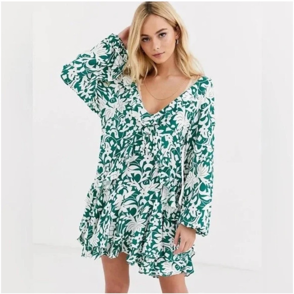 Free People Rebecca Floral‎ Ruffle Mini Dress in Emerald Small